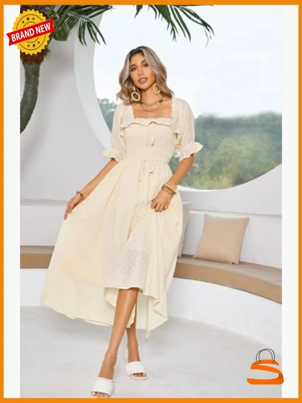 Women Summer Cotton Ruffle Vintage Backless A-Line Flowy Midi Dress